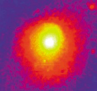 X-ray image (at same scale) of this cluster; the great increase in size represents huge amounts of mass associated with hot gases.